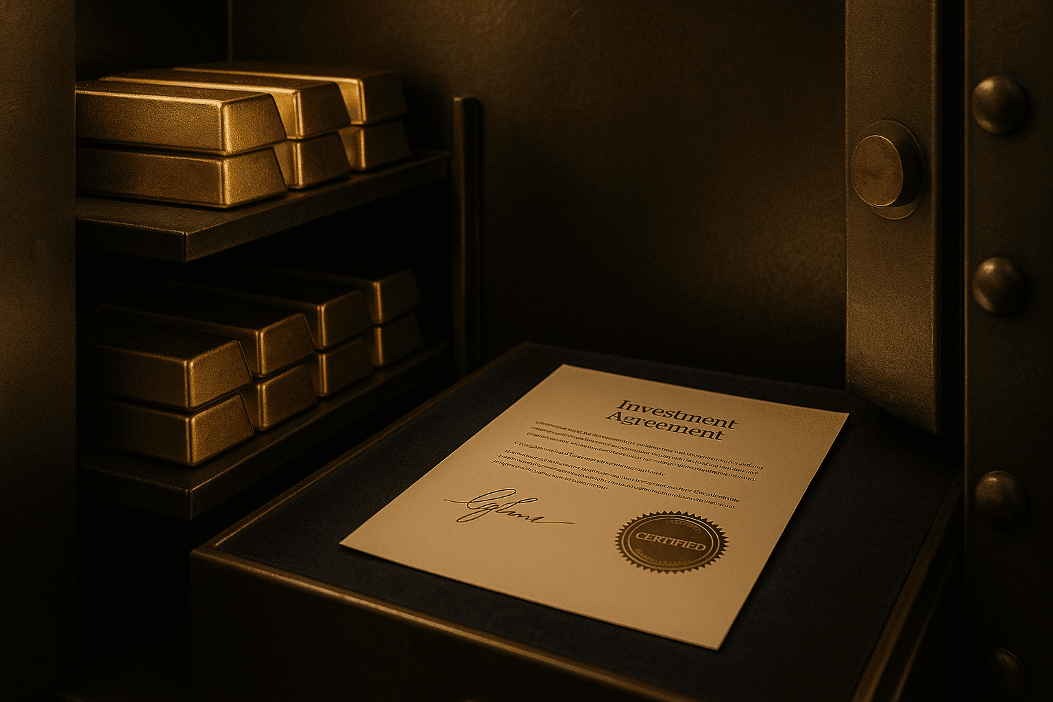 Interior de una bóveda con lingotes de oro apilados y un documento firmado, simbolizando la custodia profesional y segura de SilverGold Patrimonio.