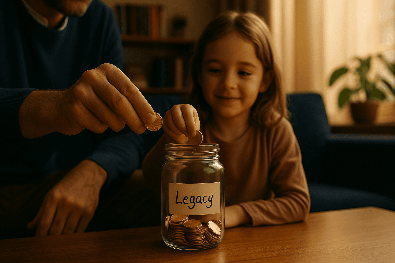 Padre e hija colocando monedas de oro en un frasco de cristal con la palabra "Legacy", en una sala cálida y acogedora. Representa planificación financiera familiar y visión de futuro.