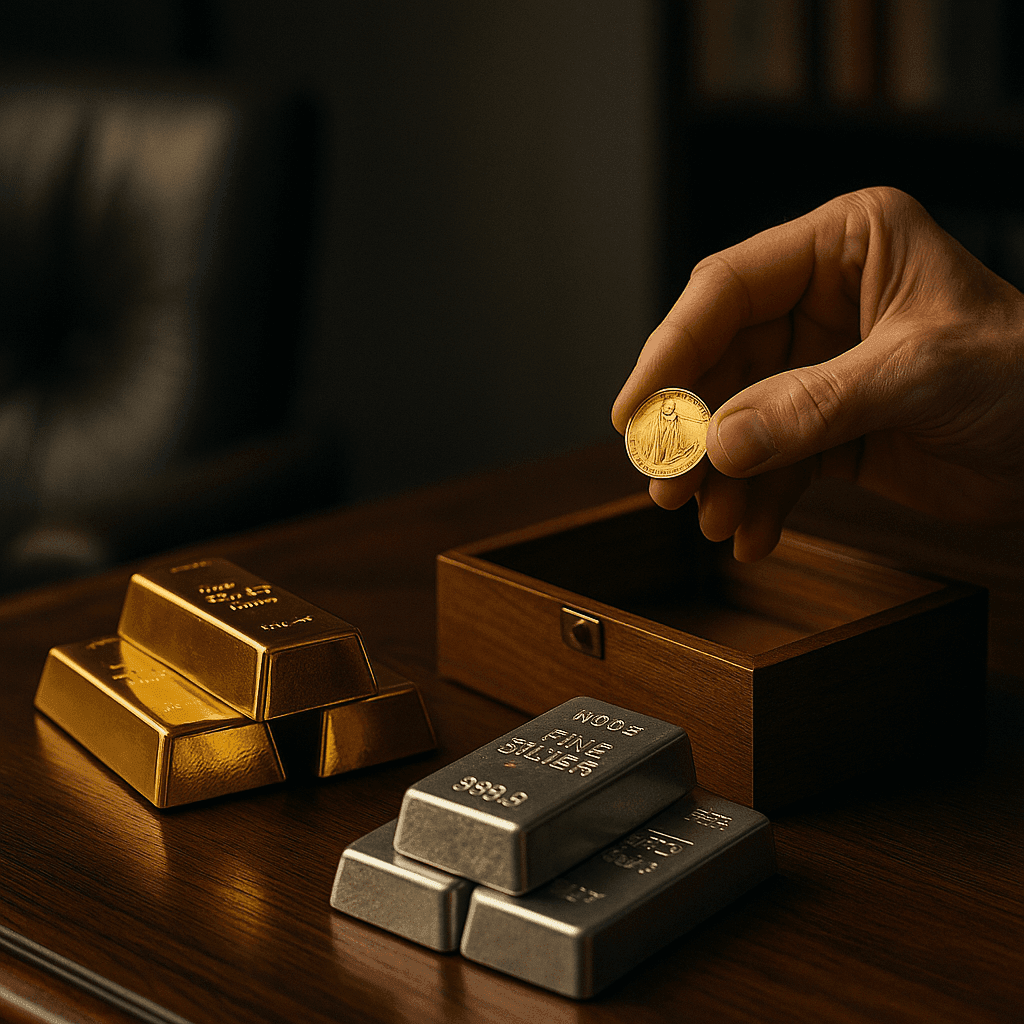 Lingotes de oro y plata apilados sobre un escritorio de madera elegante, con una mano madura colocando una moneda en una caja, simbolizando inversión tangible y gestión experta.